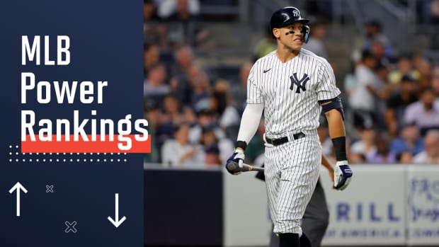 Jul 28, 2022; Bronx, New York, USA; New York Yankees center fielder Aaron Judge (99) reacts after striking out during the fourth inning against the Kansas City Royals at Yankee Stadium.